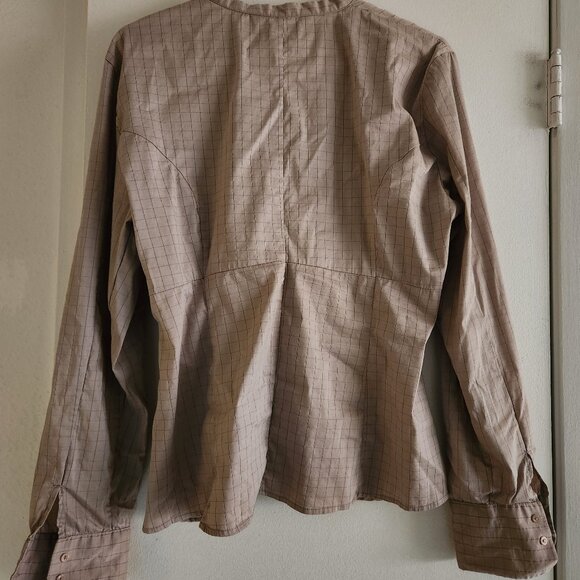 ZARA Blouse Pleated Long Sleeve Plaid Grid Taupe Mauve - Picture 4 of 5